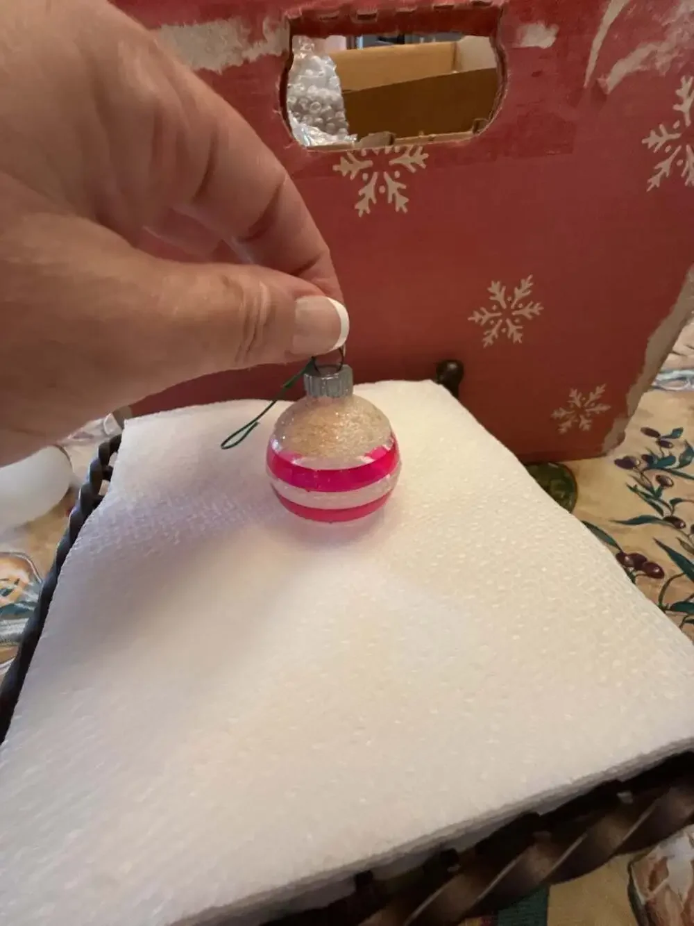 Vtg Shiny Brite Glass Christmas Ornament  Hot Pink Stripes & Mica Glitter